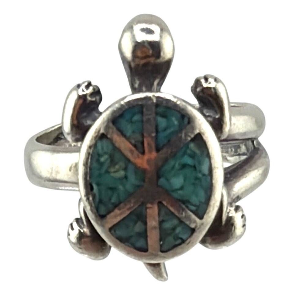 Vintage Sterling Silver Turtle Crushed Turquoise Inlay Ring 5
